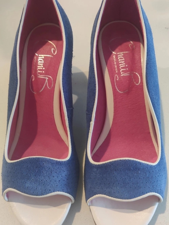 Chanii B Shoes - Chanii B Womens 38/7-7.5 Two Tone Blue and Pink Open Toe Suede Leather Heels